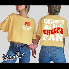 This is the perfect Chiefs Fan Tee, perfect Gameday tee. It's super soft and comfy, with the right amount of stretch. Want something you don't see? If you need a color or size you don't see listed, please reach out to me-I can usually make it happen! Tshirts are Comfort Colors Mustard; see size chart in listing photos. Materials used: DTF printed and Commercial grade heat pressed. Please keep in mind colors may vary from different phone/computer screens.  Please refer to size charts all shirts/sweatshirts are unisex. Production-I can usually have these pressed and in the mail within 3-5 business days. Shipping is USPS first class but if you need a rush/expedited shipping please don't hesitate to message me and we can get your order right out to you!  * local pick up offered for northern Ke Casual T-shirt With Screen Print For Fan Gatherings, Yellow Team Spirit T-shirt With Graphic Print, Funny Graphic Print Top For Fans, Funny Graphic Print Tops For Fan Merchandise, Pop Culture Fan Merchandise Tops With Text Print, Funny Letter Print Tops For Fans, Pop Culture Tops With Text Print For Fans, Funny Print Tops For Fan Merchandise, Short Sleeve Tops For Fan Apparel