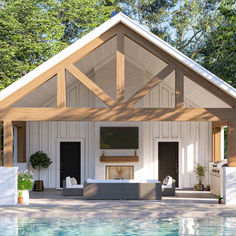 a house with a pool in front of it that has a covered patio and lounge area