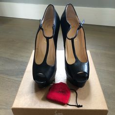 Brand New Size 40 Christian Louboutin T-Stap Black Leather Heels. Shoes Come With Box And An Extra Set Of Heel Tips. There Is Only One Shoe Bag. These Were Purchased At Saks For $995. Price Will Remain At 500, So I Can Send To Posh To Be Prove Authenticity And Then Shipped To You. T-strap Heels With Heel Loop For Formal Occasions, Formal T-strap Heels With Padded Heel, Platform T-strap Heels For Evening, Evening T-strap Platform Heels, Evening T-strap Heels With 4-inch Heel, Designer T-strap Heels With Heel Strap, Luxury T-strap Heels With Heel Strap, Elegant T-strap Heels With Branded Heel Counter, Luxury Black T-strap Heels