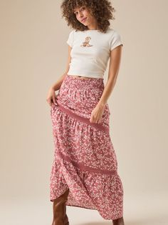 Embrace bohemian style with this flowy floral maxi skirt. The delicate floral print adds a touch of femininity and romance, while the smocked elastic waistband ensures a comfortable and flattering fit. The intricate lace details add a touch of luxury and make this skirt perfect for any occasion. Chenille Dress, Skirts Long, Floral Maxi Skirt, Altard State, Altar'd State, Bottom Clothes, Floral Maxi, Fall Wardrobe, Dress With Bow