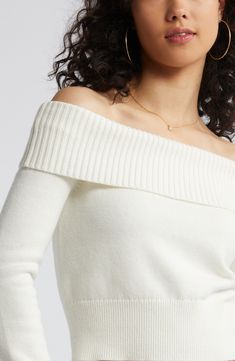 A foldover neckline highlights your shoulders in this fitted, rib-trimmed sweater that makes any outfit a little sweeter. 14 1/2" length (size Medium) Off-the-shoulder neck Long sleeves 57% cotton, 25% nylon, 18% polyester Machine wash, dry flat Imported Not available for sale and shipment to Germany Y2k Long Sleeve, Off The Shoulder Sweater, Off Shoulder Sweater, White Off Shoulder, Detailed Sweater, Shoulder Sweater, Cotton On, Womens Fall, Jumpers And Cardigans