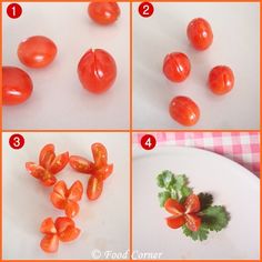 four pictures showing how to cut tomatoes and place them on a plate with parsley