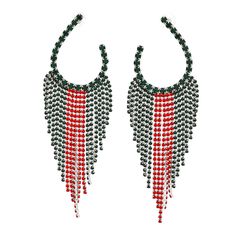 Women's Long Fringe Earrings. Silver Metal with Green Rhinestones Horseshoe Shaped Earrings Featuring Long Red and Green Rhinestone Drop Fringe Tassel. Post Backing. Sorority Row, Horseshoe Earrings, Long Fringe, Long Fringes, Earrings Women, Long Red, Boutique Accessories, Custom Hoodies, Tassel Fringe