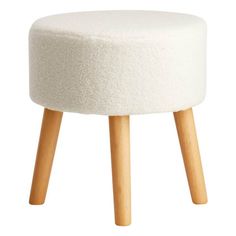 a small stool with wooden legs and a white cover on the top, sitting in front of a white background