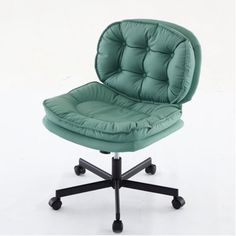 a green office chair sitting on top of a black metal base