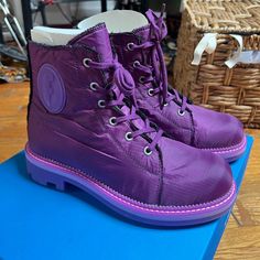 Never Worn !! In The Box Purple Size 9 Women And Size 7 Men Water Resistant #Johnfluevog #Boots #Rainboots #Purpleboots Purple Waterproof Round Toe Boots, Purple Waterproof Boots With Round Toe, Purple Ankle Boots With Reinforced Heel, Purple Punk, Lace Up Boots Women, John Fluevog Shoes, Unique Heels, Purple Boots, Fluevog Shoes