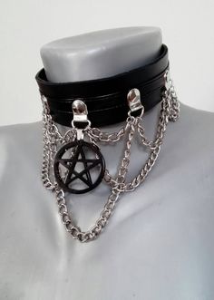 Gothic leather choker with handmade pentagram charm | Etsy Goth Punk Accessories, Adjustable Gothic Choker For Alternative Fashion, Gothic Metal Choker For Concerts, Gothic Chain Choker For Concerts, Gothic Chain Choker, Alternative Metal Choker For Cosplay, Adjustable Metal Choker For Cosplay, Adjustable Gothic Choker With Chain, Adjustable Gothic Chain Choker