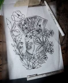 a drawing with flowers and pictures on it