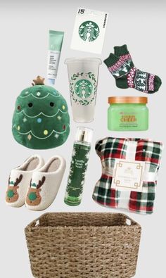 the contents of a starbucks gift set including shoes, mugs, and other items