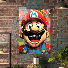 a brick wall with an image of mario on it