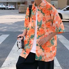 Korean Fashion Flower Shirt Vintage Shirts Men, Short Sleeve Coat, Harajuku Shirt, Casual Cotton Top, Bodybuilding T Shirts, Rash Guard Swimwear, Hawaii Outfits, Japan Kawaii, Korean Summer