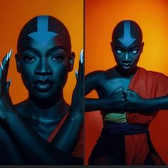 two pictures of women with painted faces and hands on their chests, one is holding her arm around the other's shoulder