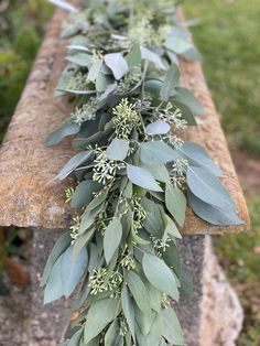 a long row of leaves and flowers on a stone bench