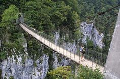 a man walking across a suspension bridge over a gorge in the mountains with trees on both sides