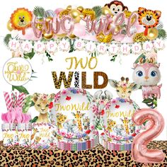 an animal themed birthday party with pink and gold decorations