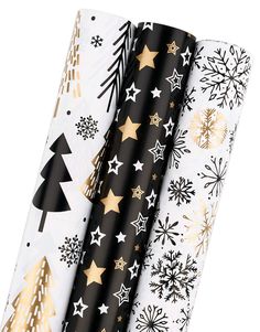 christmas wrapping paper with gold stars and snowflakes on it, set of 3