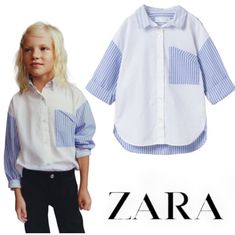 Zara Kids Mixed Lapel Collar Poplin Shirt With Long Sleeves Front Button Closure Matching Patch Pocket Size 9 Years Blue / White New With Tag Smoke And Pet Free Home Cute Blue Button-up Shirt, Trendy Zara Cotton Shirt, Spring Button-up Shirt For School, Trendy School Shirt For Spring, Cute Zara Cotton Shirt, White School Shirt For Spring, School Tops With Pockets For Spring, Spring School Tops With Pockets, White Shirt For Spring School Season