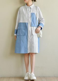 French Blue Cotton Dress Striped Patchwork Dress - M(Fit for EU 40-42, US 10-12, UK 14-16, AU 12-14)