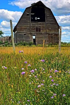 an old barn sits in the middle of a field with wildflowers and barbed wire