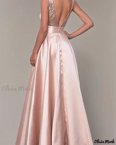 OliviaMark - Exquisite Rose Gold Sequin Evening Dress: Elegant V-Neck Backless Bridesmaid Dress with Dazzling Sparkle Pink V-neck Bridesmaid Dress For Party, Pink Backless Bridesmaid Evening Dress, Pink Satin Backless Evening Dress, Pink V-neck Evening Dress For Prom Season, Backless Pink Bridesmaid Gown, Pink V-neck Bridesmaid Dress For Prom Season, Pink V-neck Bridesmaid Dress For Prom, Pink V-neck Bridesmaid Dress, Pink V-neck Party Gown