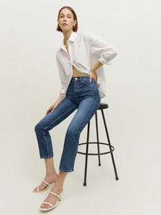 Cynthia High Rise Straight Jeans - Sustainable Denim | Reformation Everyday Medium Wash Jeans With Welt Pockets, Everyday Denim Jeans With Welt Pockets, Rigid Denim Cropped Jeans For Workwear, Dark Wash Straight Fit Cropped Jeans For Work, Classic High Rise Jeans With Button Closure, Denim Blue Jeans For Workwear With Straight Hem, Straight Hem Cropped Denim Jeans With Belt Loops, Denim Blue Bottoms With Button Closure Straight Hem, Spring Denim Jeans With Welt Pockets