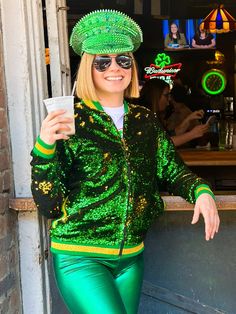 Celebrate the best holiday next to Mardi Gras- St Paddy’s! Also perfect for Packers fans/gamedays with this stylish long sleeved, reversible sequined jacket. This jacket features green and gold sequins and trim WITH pockets! Available in sizes up to 3XL! Feather Mask, New Orleans Mardi Gras, Beaded Hat, Polo Shirt Dress, Mardi Gras Beads, Sequin Jacket, St Paddy, Halloween Wedding, Gold Sequins