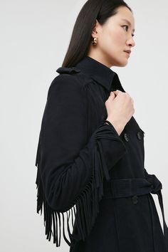 Take The Enduring Western Trend For A Spin In This Fringed Trench Coat. Cut From Sumptuously Soft Suede And Detailed With Classic Double-Breasted Buttons And A Belt, It Lends A Casual Twist To Light-Wash Denim - A Directional Alternative To Your Usual Cotton Trench. Fall Leather Tassel Outerwear, Luxury Women's Outerwear With Tassels, Winter Leather Tassel Outerwear, Black Long-sleeved Outerwear With Tassels, Suede Trench Coat, Western Trend, Light Wash Denim, Karen Millen, Soft Suede