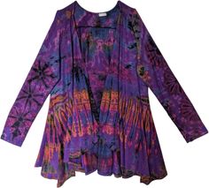 Hand dyed in vibrant purple color, this is a stylish and comfortable open front soft cardigan in soft rayon fabric with a hint of spandex to give it a little stretch.  This topper features beautiful purple hand tie dye that gives it a unique bohemian look. #tlb #HighLow #vacationclothing #TieDye #bohemianfashion #Tiedyecardigan #hippiecardigan #cardigan #springandfallcardigan Purple Long Sleeve Summer Outerwear, Long Sleeve Purple Summer Outerwear, Bohemian Stretch Long Sleeve Cardigan, Purple Long Sleeve Cardigan For Summer, Bohemian Long Sleeve Stretch Cardigan, Purple Fitted Cardigan For Spring, Spring Fitted Purple Cardigan, Fitted Purple Cardigan For Spring, Spring Purple Open Front Outerwear