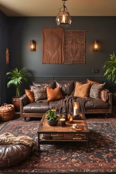 a living room filled with furniture and lots of pillows on top of a carpeted floor