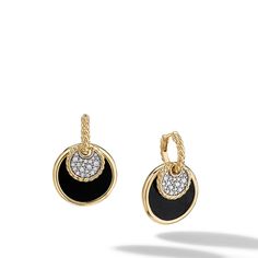 18-karat Yellow Gold Black Onyx and Mother of Pearl backed with White Agate Pave Diamonds = 0.24 total carat weight Earring, 21.5mm Discs on hoop have fluid movement. Each Element is removeable. These convertible earrings can be worn in many different ways, including as a simple cable hoop Convertible Earrings, High Jewelry, David Yurman, Jewelry Pouch, Pave Diamonds, Black Onyx, Pearl Jewelry, Mother Of Pearl, Jewelry Pieces