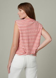 This sleeveless tee is the perfect throw-on for warmer weather. With pronounced shoulder structure, a bubble hem and striped design, the Arden Slub Sleeveless Tee is a contemporary essential.75% COTTON, 25% POLYESTERModel is wearing size S Casual Sleeveless Top With Contrast Stripes, Casual White Tank Top With Contrast Stripes, White Striped Hem Tops For Spring, White Tops With Striped Hem For Spring, Summer White Tops With Contrast Stripes, Chic Summer Tops With Contrast Stripes, Trendy Summer Top With Striped Hem, Summer Cotton Top With Striped Hem, Cotton Summer Top With Striped Hem