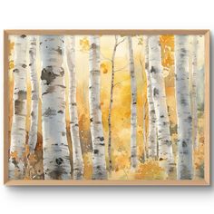 a painting of birch trees with yellow leaves