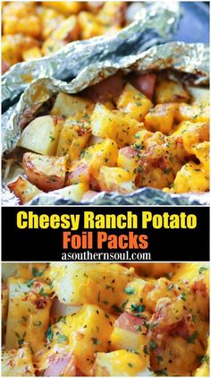 cheesy ranch potato foil packs with potatoes in the background and text overlay