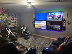 Game room Bonus Room Tv Ideas, Two Tv Gaming Setup, Wall Mounted Tv Game Room, Gaming Area In Basement, Three Tvs In Living Room, Man Cave Multiple Tv Set Up, Tv Game Room Ideas Small Spaces, Basement Video Game Room Ideas, Boys Room Tv Wall