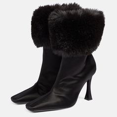 Elevate your winter style with these Black Satin Booties featuring a chic square toe, flared heel, and luxurious faux fur lining. Perfect blend of elegance and warmth for the season. Color: Black Material: Satin Heel Type: Flared heel Heel height: 4" / 100 mm approx Product measurements were taken using size 8. Please note that measurements may vary by size. Toe: Square toe Zipper design makes it easier to wear on Faux fur accents design Handcrafted US sizing. Fits true to size. Fur Winter Boots, Cowboy Shoes, Festival Shoes, Dance Heels, Boots Square Toe, Magda Butrym, Womens Chunky Heels, Womens Stilettos, Suede Boots Knee High