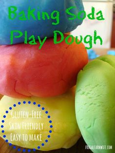 three different colored doughs stacked on top of each other with the words baking soda play dough