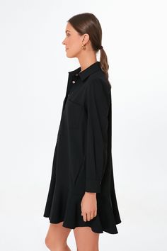 A sophisticated update to the closet staple shirt dress we love, the Crepe Callahan perfectly merges classic and trendy. This mini seamlessly combines functional details like invisible side pockets and a button front half placket with a flirty flutter hemline to create a style that encapsulates unfussy femininity. We are pairing this tailored piece with flats or sneakers for a casual look and switching to heels when the occasion calls for it. Classic collar Long sleeves with button cuffs Button Elegant Long Sleeve Mini Dress With Hidden Buttons, Chic Mini Dress With Pockets For Fall, Chic Fall Mini Dress With Pockets, Office Dresses For Fall With Spread Collar, Elegant Long Sleeve Shirt Dress With Pockets, Elegant Collared Shirt Dress For Fall, Fall Office Dress With Spread Collar, Classic Fall Shirt Dress With Pockets, Chic Fall Midi Dress With Pockets