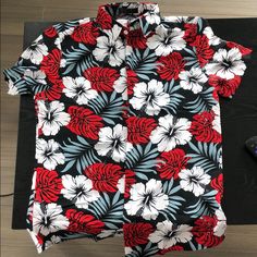 Black, White, And Red Hawaiian Shirt. Runs Small - Fits Like A Mens Size Small Red Vacation Shirt For Spring, Red Casual Short Sleeve Shirt For Summer, Casual Red Short Sleeve Shirt For Summer, Red Floral Print Shirt For Beach, Red Collared Short Sleeve Shirt For Summer, Casual Red Hawaiian Shirt For Vacation, Red Casual Hawaiian Shirt For Vacation, Red Floral Print Hawaiian Shirt For Summer, Red Graphic Print Shirt For Vacation