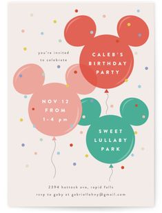 a mickey mouse birthday party card with balloons