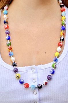 Murano glass millefiori beaded necklace around woman's neck 80’s Toys, Murano Italy, Sparkly Jewelry, Shine Bright Like A Diamond, Beaded Bracelet Patterns, Murano Glass Beads, Clay Beads, Buying Jewelry, Bracelet Patterns