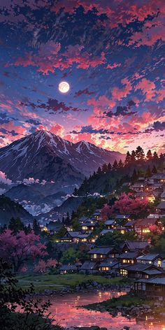 an image of a beautiful sunset with mountains and houses in the background that are lit up