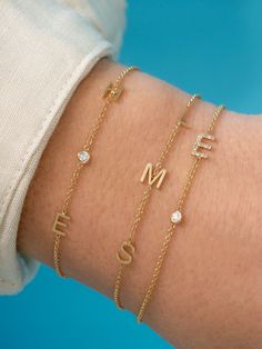 Meet our best-selling, monogrammed Pave Diamond Initial Bracelet. It’s a favorite for flaunting your own initials or keeping your children and loved ones close to your heart — and it’s the most thoughtful gift for life’s monumental occasions. Choose three diamond-covered initials, and add diamonds or heart charms if you’d like — we can even add initials and add-ons later, too! All initial jewelry is made to order and nonreturnable. Initial Bracelet Gold, Personalized Bracelet, Initial Jewelry, Name Jewelry, Initial Bracelet, Gold Initial, Personalized Bracelets, Yellow Gold Chain, Add Ons