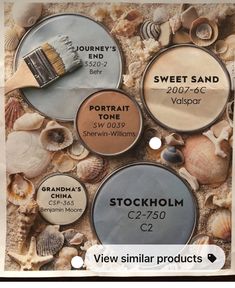 an advertisement for some kind of paint product on the beach with shells and seashells around it