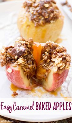 two baked apples on a white plate with caramel topping