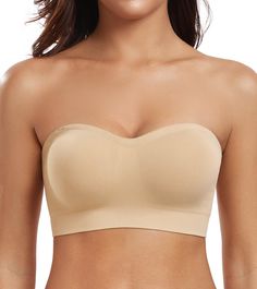 PRICES MAY VARY. Non-Slip: Lined with non-slip silicone strips along the top edges, this wirefree strapless bra stays securely in place all day. It is a comfortable strapless bra for women. Multiway Wearing: The bandeau bra is equipped with both regular straps and clear straps. It can be worn in multiple configurations, including strapless, halter, cross-back, and traditional styles. Material: This tube top bra is made of soft and elastic double-layer fabric, which can fit your body shape and pr Beige Seamless Strapless Bra, Best Strapless Bra For Large Bust, Strapless Bras That Stay Up, Stapless Bra, Wireless Strapless Bra, Best Strapless Bra, Tube Top Bra, Tube Bra, Bra Outfit