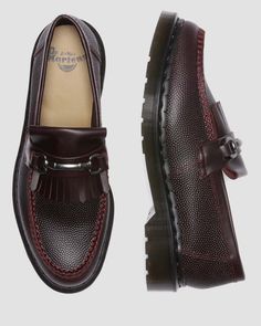 Adrian Snaffle Pebble Grain Leather Kiltie Loafers in Oxblood | Dr. Martens Classic Textured Leather Loafers With Round Toe, Leather Tassel Loafers For Semi-formal Occasions, Masculine Leather Moccasins With Brogue Detailing, Leather Moccasins With Brogue Detailing, Masculine Tassel Loafers With Leather Sole, Masculine Leather Tassel Loafers For Business, Leather Tassel Loafers For Business, Leather Tassel Loafers With Goodyear Welt For Work, Men’s Trainers