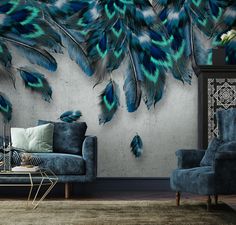 a living room filled with furniture and lots of blue feathers