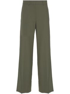 olive green twill weave concealed front button, hook and zip fastening belt loops two side inset pockets pressed crease dart detailing straight leg tailored design Chic Olive Straight Leg Bottoms, Chic Olive High-waisted Pants, Chic Olive Trousers, Green Workwear Bottoms With Welt Pockets, Classic Green Bottoms With Straight Hem, Green Wide-leg Office Pants, Green Straight Leg Office Pants, Green Pants With Welt Pockets And Straight Hem, Green Tapered Leg Pants For Office