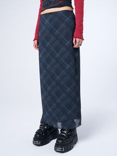 Add to your maxi skirt collection with our Erika Black Checked Mesh Maxi Skirt, perfect for layering with grunge tops, oversized sweaters, and Minga jackets. Buy Now Pay Later options available and 15% off for students. Long Plaid Skirt Outfit, Cute Maxi Skirts, Grunge Tops, Edgy Tops, Plaid Maxi Skirt, Maxi Skirt Fall, Long Plaid Skirt, Plaid Skirt Outfit, Minga London