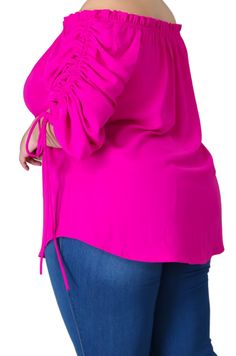 Polyester %100 Stretch top Short sleeve Off-shoulder neckline Self tie detail Ruched No closure Hand wash cold model is wearing 2X Plus Size Off The Shoulder Top, Plus Size Off The Shoulder, Chic And Curvy, Stretch Top, Plus Size Top, Off The Shoulder Top, One Shoulder Blouse, Final Sale, Shoulder Top